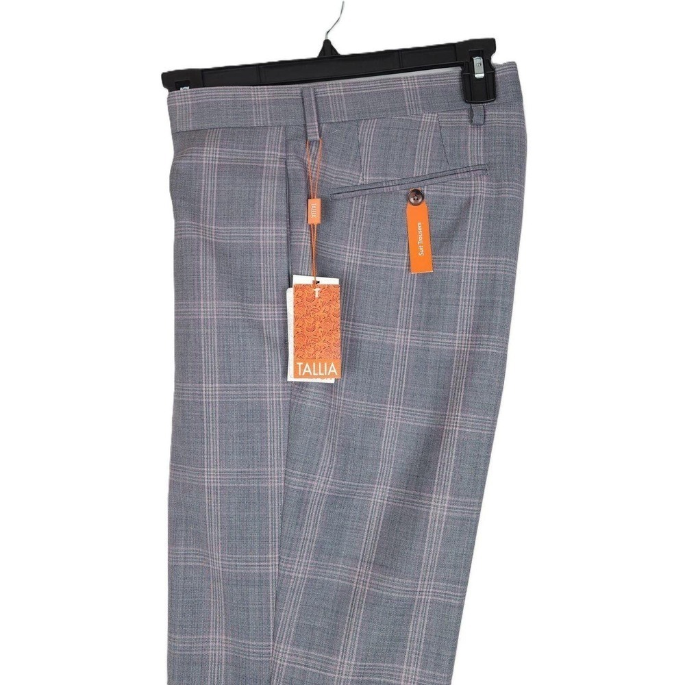 Tallia Mens Slim Fit Dress Pants 30x32 Grey Pink Plaid Stretch Wool Blend NWT